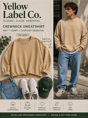 Yellow Label Co. Beige Crewneck Sweatshirt Size Large Relaxed Fit